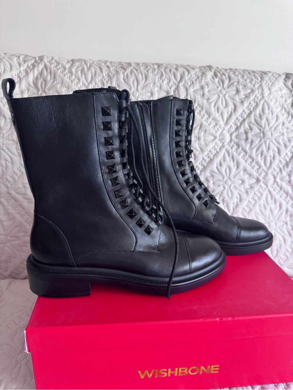 Wishbone CARA Black Leather Lace-Up Combat Boots